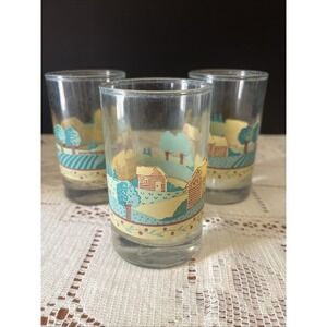 3 Vintage 80's‎ Crisa Signed Farm Scene Small Breakfast Juice Glass Farmhouse